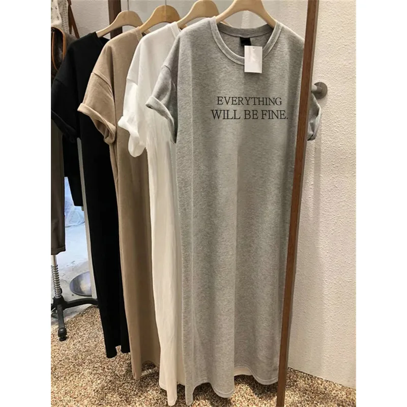 Summer Thin Plus Size Loose Short Sleeved Dress Women 2025 New Letter Printed Simple Round Neck Dress