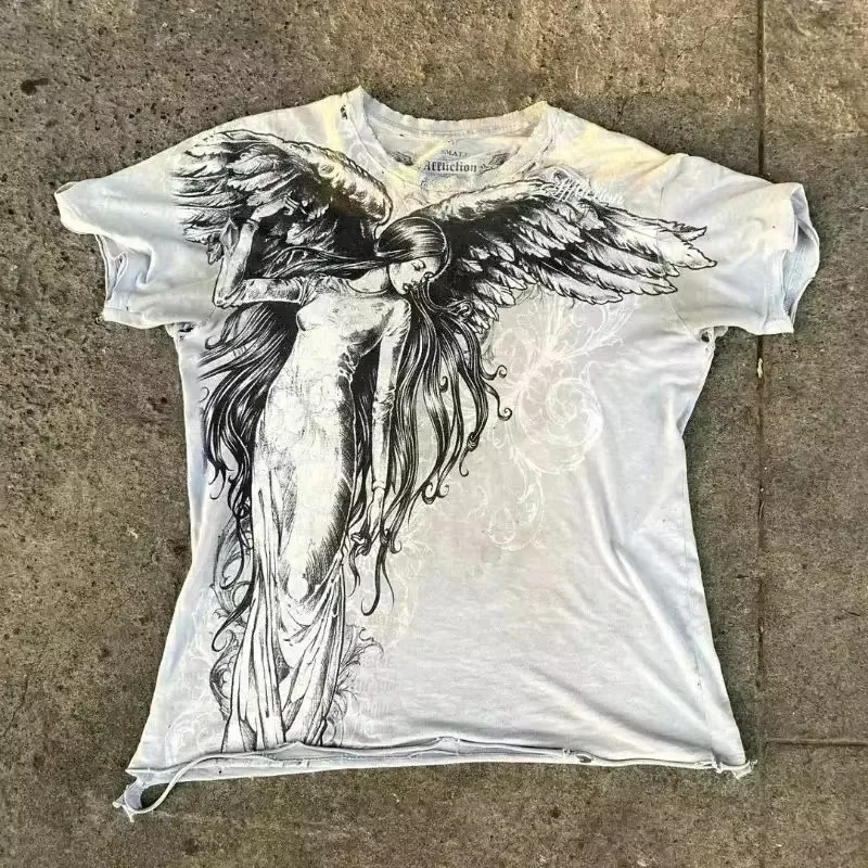 Classic Y2K Gothic Style T-shirt Print Oversized T Shirt High Street Shirts Gothic Round Neck Cotton Tops New Mens Women T Shirt