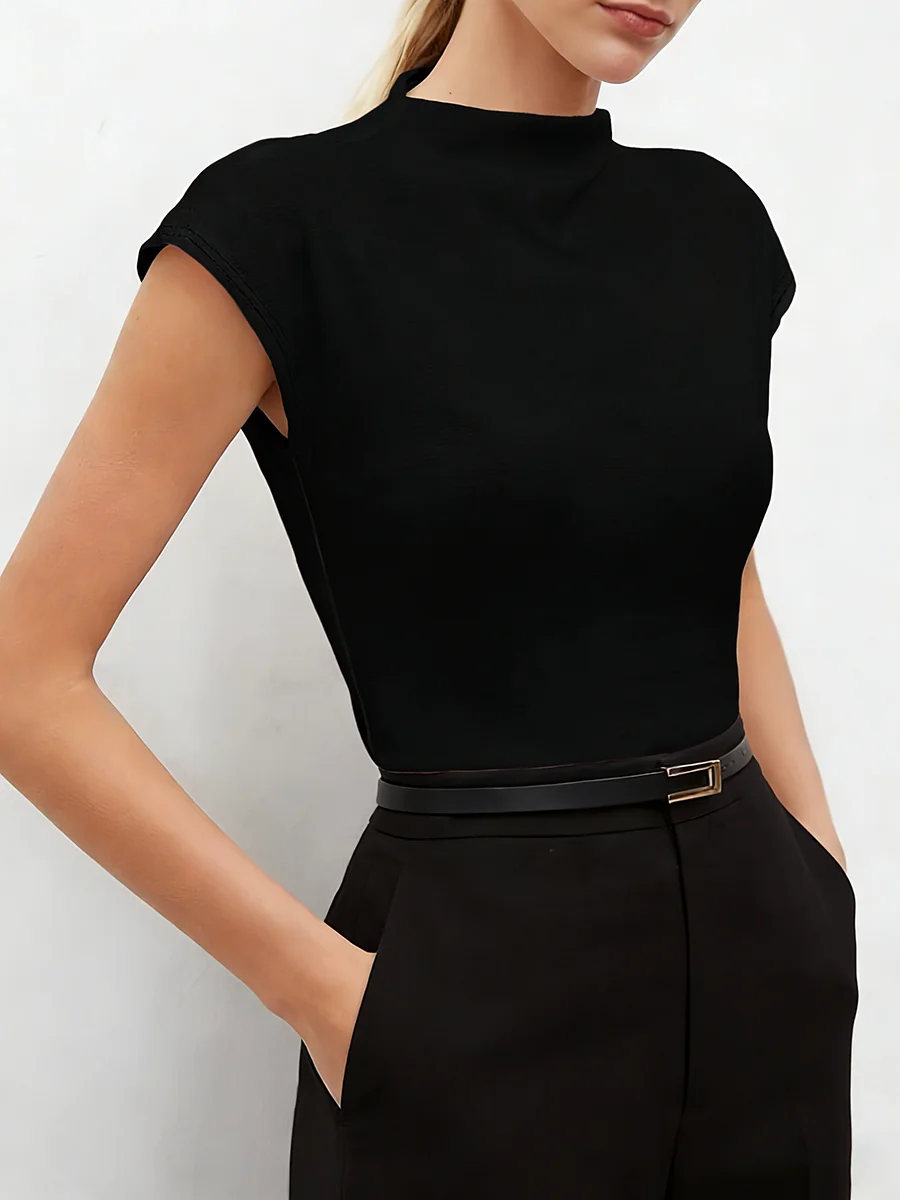 Women's High Neck Cap Sleeve Blouse Knit Fitted Top Minimalist Valentine Spring Summer Black Pants Chic Daily Lightweight Top