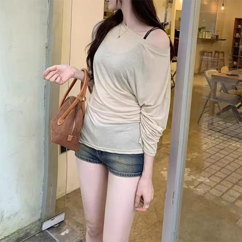 Sexy Thin See Through Long Sleeve Oversize T shirt Women Bandage Off Shoulder Top Female Basic Long Tee Shirt Korean Chic Lady