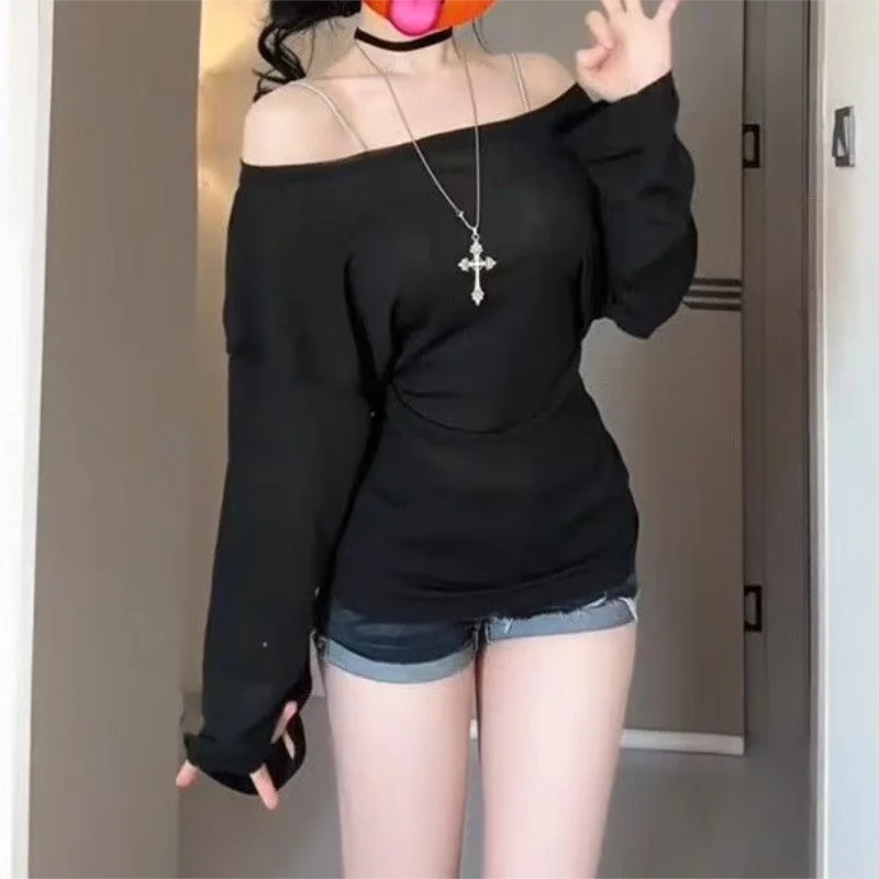 Sexy Thin See Through Long Sleeve Oversize T shirt Women Bandage Off Shoulder Top Female Basic Long Tee Shirt Korean Chic Lady