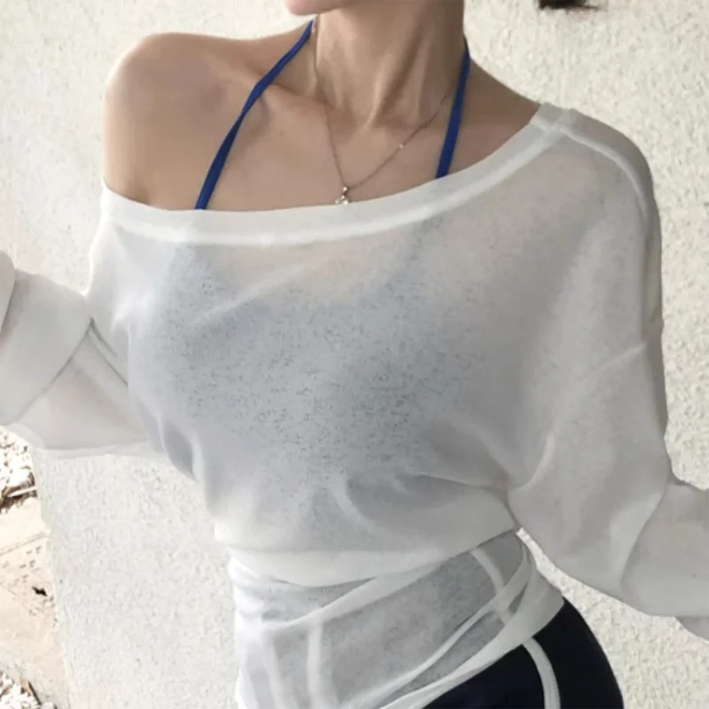 Sexy Thin See Through Long Sleeve Oversize T shirt Women Bandage Off Shoulder Top Female Basic Long Tee Shirt Korean Chic Lady