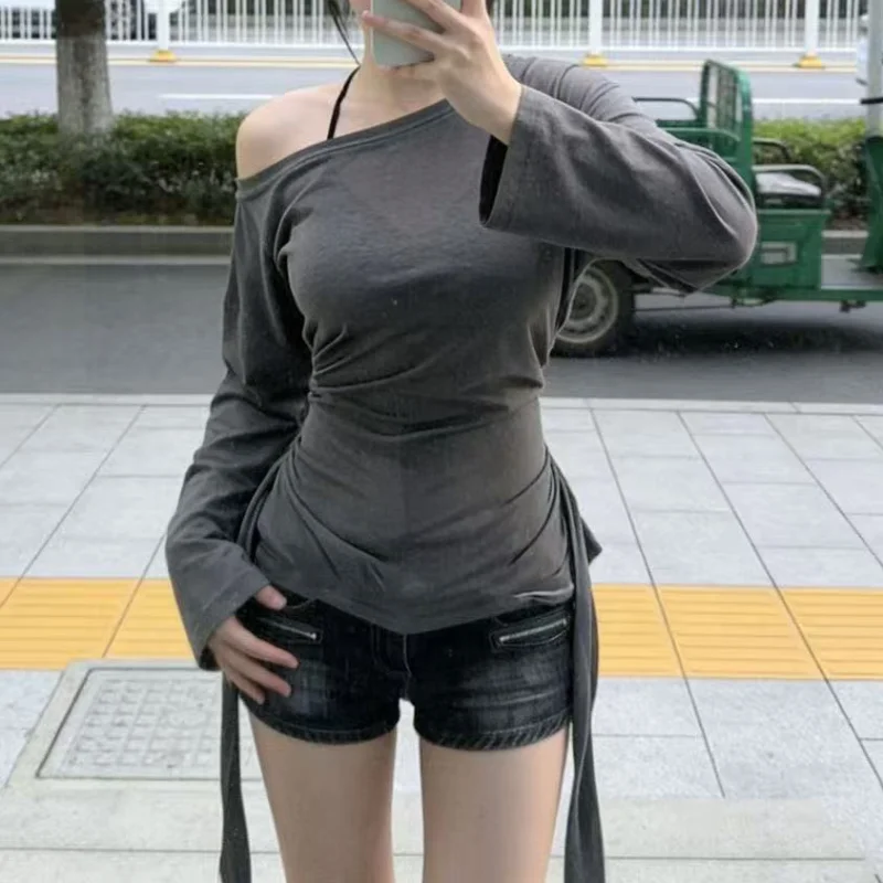 Sexy Thin See Through Long Sleeve Oversize T shirt Women Bandage Off Shoulder Top Female Basic Long Tee Shirt Korean Chic Lady