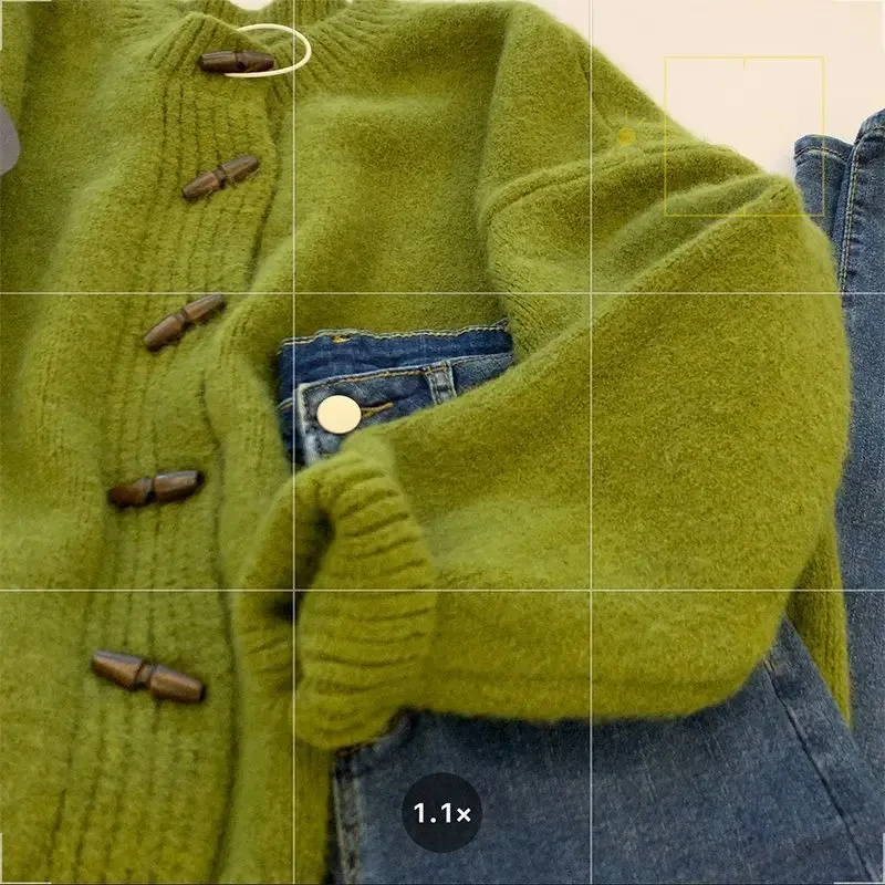 Green Knitted Cardigan Sweater Coat 2025 Women's Autumn Winter Thickened Soft Outerwear Fashion Horn Buckle Knitwears Sweater