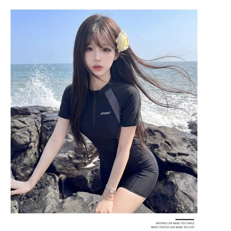 Women's Short Sleeve One-Piece Rash Guard Swimsuit Zip-Front Color Block Sport Bathing Suit for Surfing and Water Sports