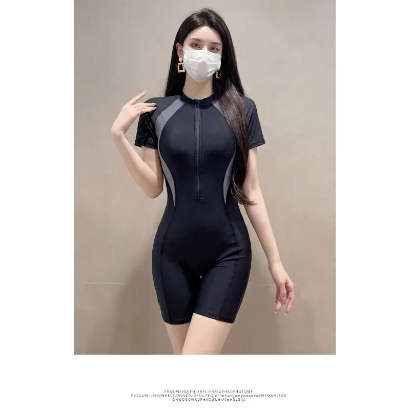 Women's Short Sleeve One-Piece Rash Guard Swimsuit Zip-Front Color Block Sport Bathing Suit for Surfing and Water Sports