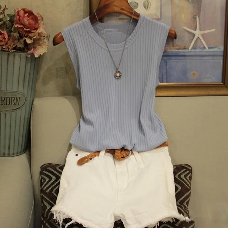 2026 Summer New Fashion Knitted Vests O-neck Sleeveless Casual Thin Tops Sleeveless Blouse Women Shirt