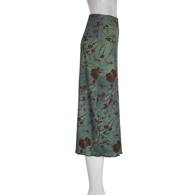 SUCHCUTE Y2K Vintage Floral Printing Midi Skirts Women Harajuku Fairycore Green Straight Maxi Skirt Aesthetic Sweet Girl Clothes