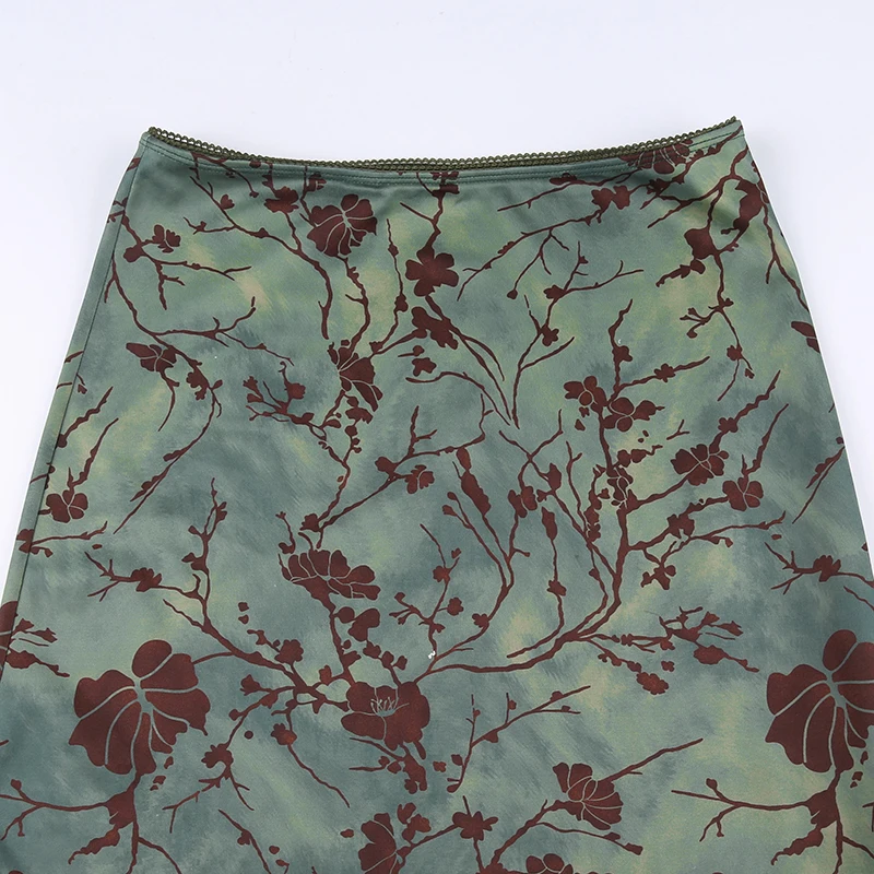 SUCHCUTE Y2K Vintage Floral Printing Midi Skirts Women Harajuku Fairycore Green Straight Maxi Skirt Aesthetic Sweet Girl Clothes
