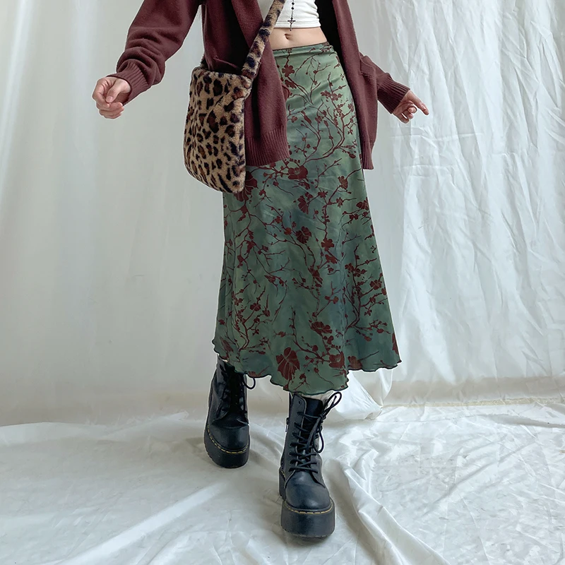 SUCHCUTE Y2K Vintage Floral Printing Midi Skirts Women Harajuku Fairycore Green Straight Maxi Skirt Aesthetic Sweet Girl Clothes
