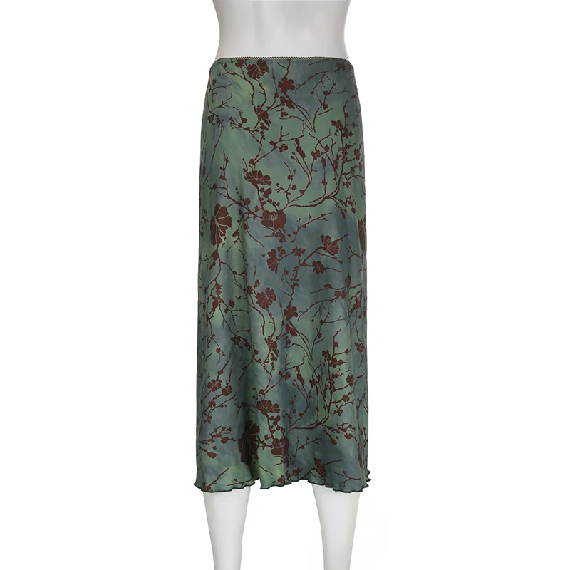 SUCHCUTE Y2K Vintage Floral Printing Midi Skirts Women Harajuku Fairycore Green Straight Maxi Skirt Aesthetic Sweet Girl Clothes