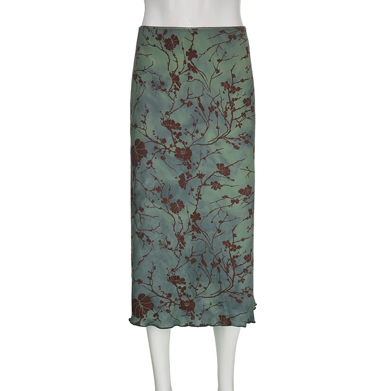 SUCHCUTE Y2K Vintage Floral Printing Midi Skirts Women Harajuku Fairycore Green Straight Maxi Skirt Aesthetic Sweet Girl Clothes
