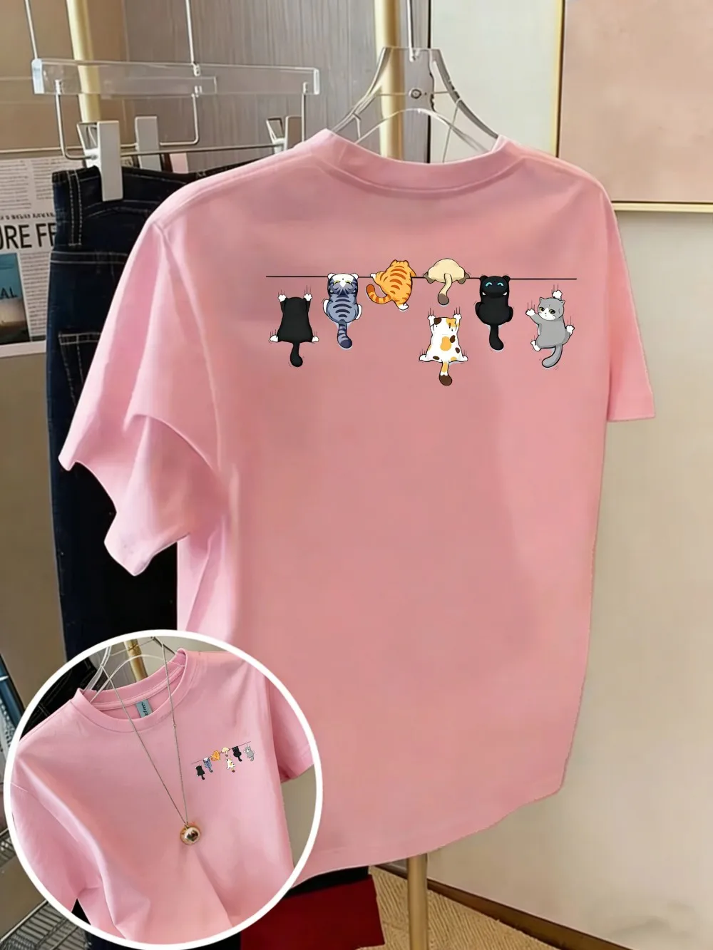Cartoons Cats Prints T-Shirts Summer Womens Cotton T Shirts Basic O-Neck Oversized Short Sleeve Tops Casual Street Woman Clothes