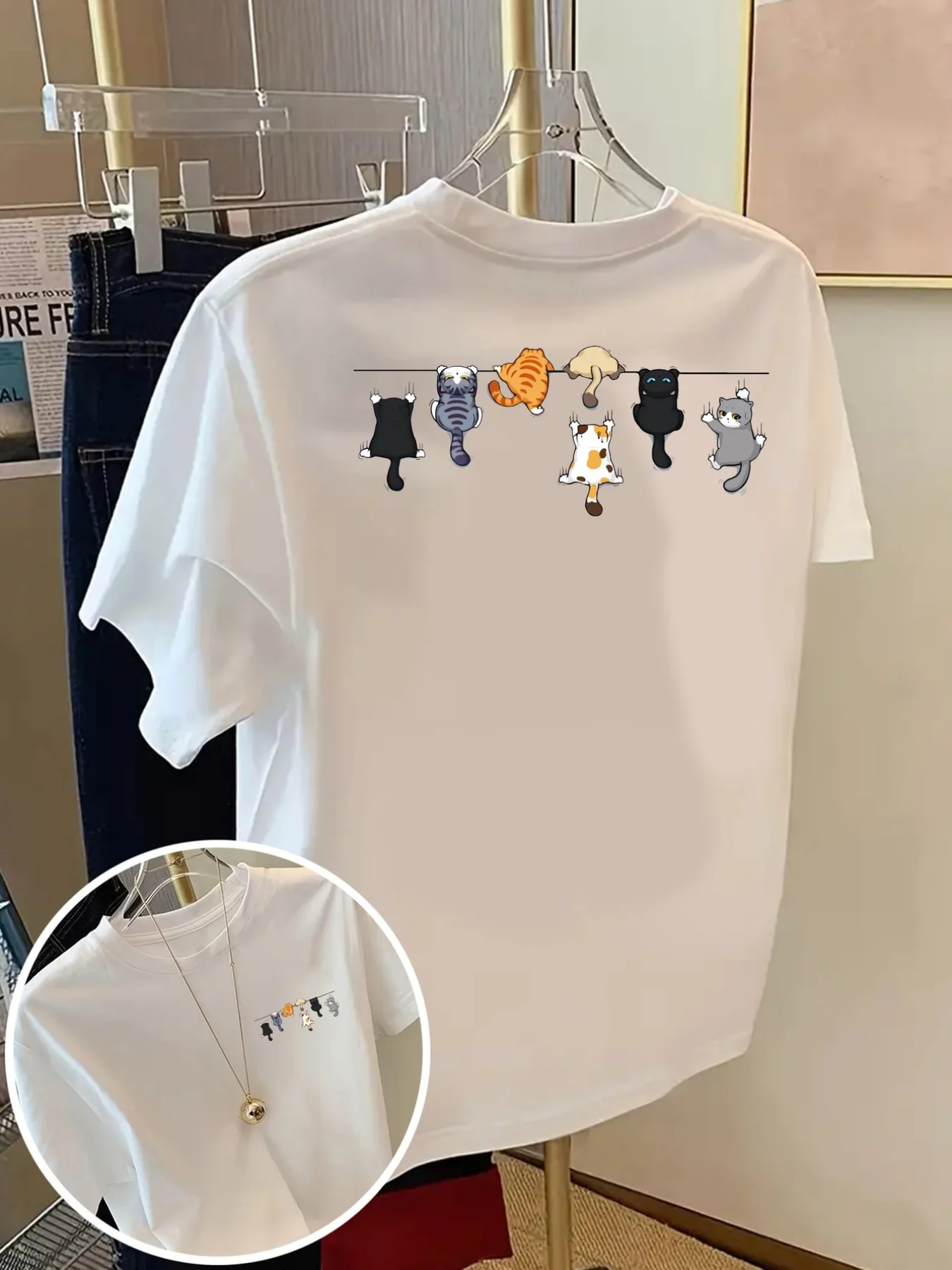 Cartoons Cats Prints T-Shirts Summer Womens Cotton T Shirts Basic O-Neck Oversized Short Sleeve Tops Casual Street Woman Clothes