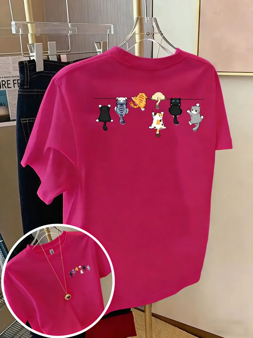 Cartoons Cats Prints T-Shirts Summer Womens Cotton T Shirts Basic O-Neck Oversized Short Sleeve Tops Casual Street Woman Clothes