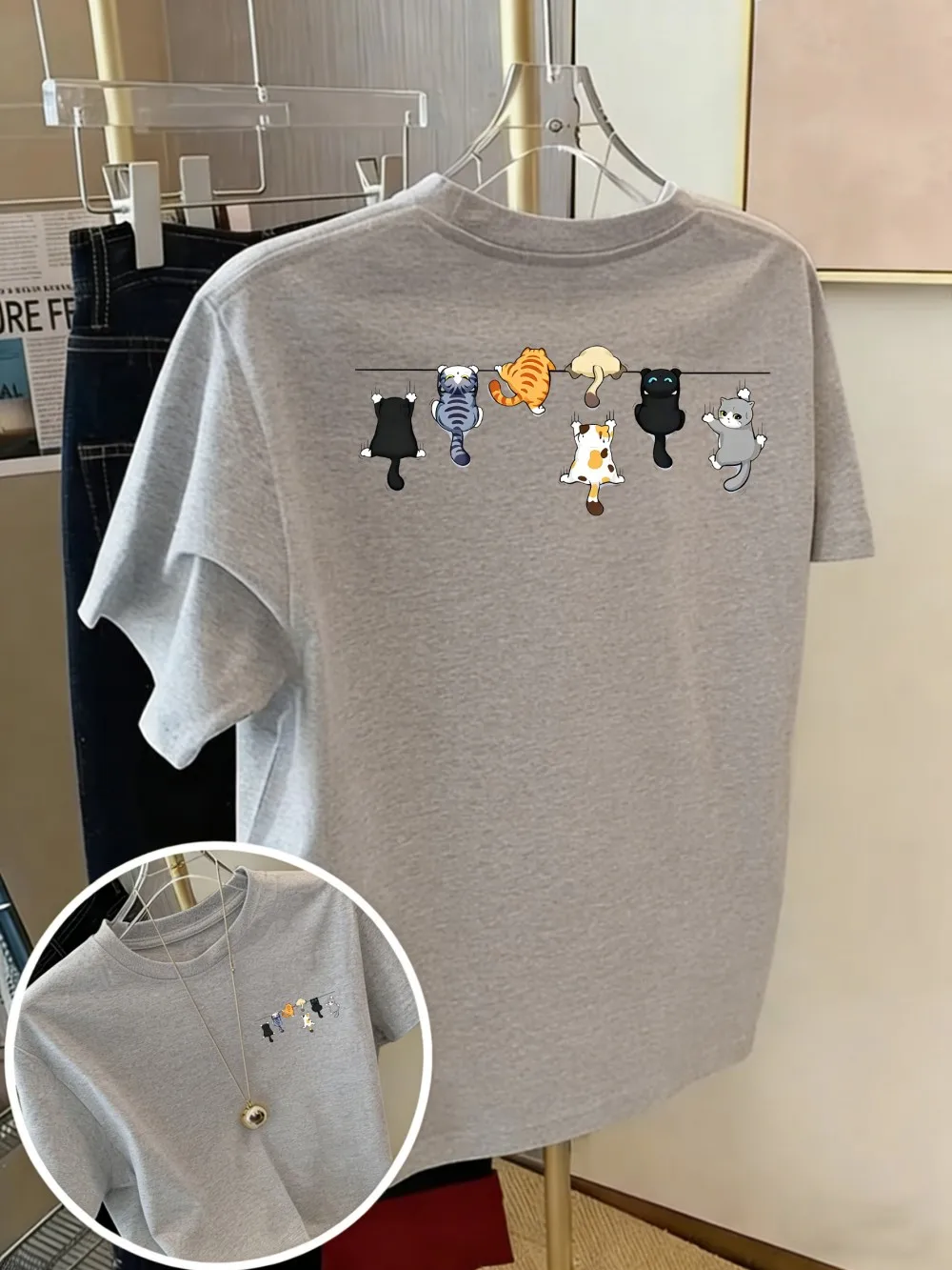 Cartoons Cats Prints T-Shirts Summer Womens Cotton T Shirts Basic O-Neck Oversized Short Sleeve Tops Casual Street Woman Clothes