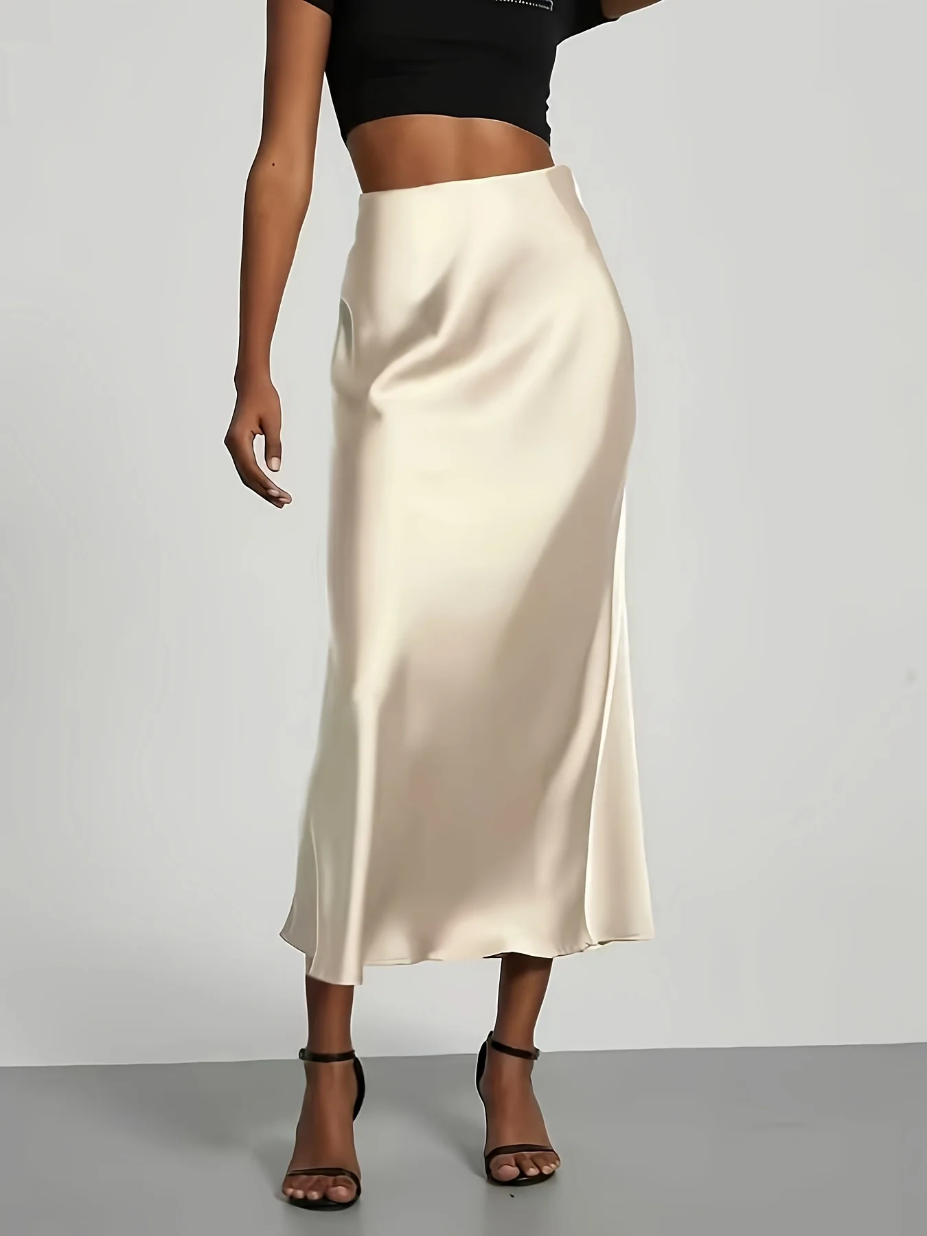Women's Satin Midi Skirt, High‑waisted Slim Straight, Elegant Draping, Mature Versatile for Commute, Vacation & Parties