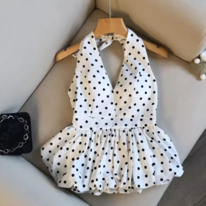 Backless Sexy Halter Beach Babydoll Crop Tops Women Polka Dots V Neck Sleeveless T Shirt Ruffles Basic Tee Not-Padded Pad Casual
