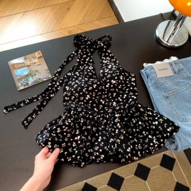 Backless Sexy Halter Beach Babydoll Crop Tops Women Polka Dots V Neck Sleeveless T Shirt Ruffles Basic Tee Not-Padded Pad Casual