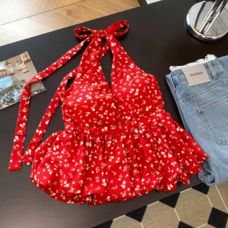 Backless Sexy Halter Beach Babydoll Crop Tops Women Polka Dots V Neck Sleeveless T Shirt Ruffles Basic Tee Not-Padded Pad Casual