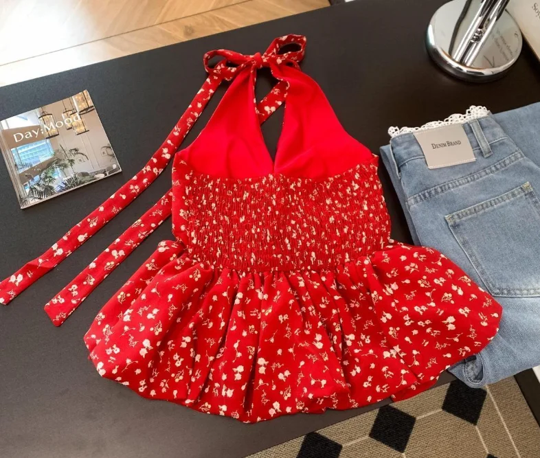 Backless Sexy Halter Beach Babydoll Crop Tops Women Polka Dots V Neck Sleeveless T Shirt Ruffles Basic Tee Not-Padded Pad Casual