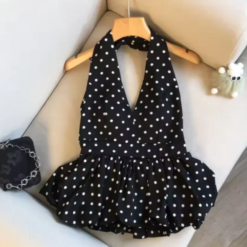 Backless Sexy Halter Beach Babydoll Crop Tops Women Polka Dots V Neck Sleeveless T Shirt Ruffles Basic Tee Not-Padded Pad Casual