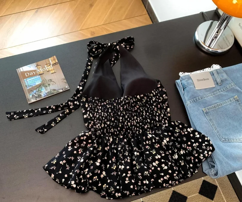 Backless Sexy Halter Beach Babydoll Crop Tops Women Polka Dots V Neck Sleeveless T Shirt Ruffles Basic Tee Not-Padded Pad Casual