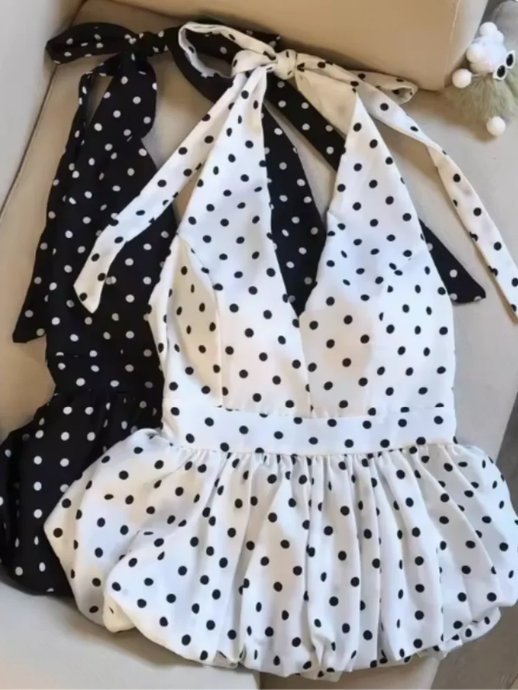 Backless Sexy Halter Beach Babydoll Crop Tops Women Polka Dots V Neck Sleeveless T Shirt Ruffles Basic Tee Not-Padded Pad Casual