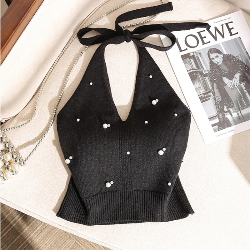 Backless Sexy Halter Beach Babydoll Crop Tops Women Polka Dots V Neck Sleeveless T Shirt Ruffles Basic Tee Not-Padded Pad Casual