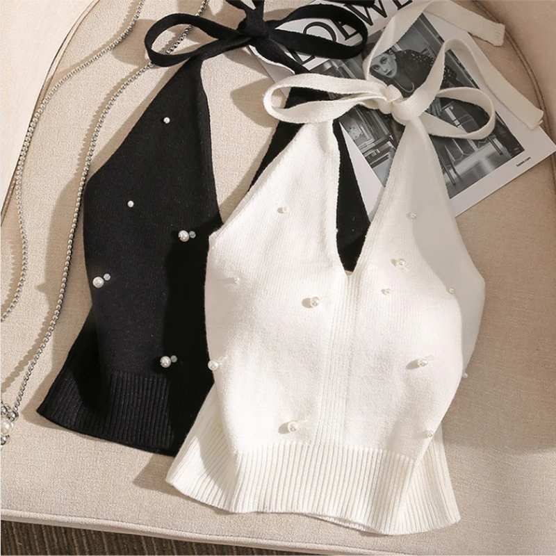 Backless Sexy Halter Beach Babydoll Crop Tops Women Polka Dots V Neck Sleeveless T Shirt Ruffles Basic Tee Not-Padded Pad Casual
