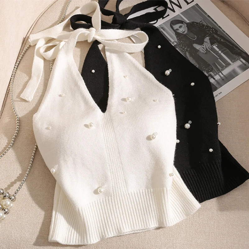 Backless Sexy Halter Beach Babydoll Crop Tops Women Polka Dots V Neck Sleeveless T Shirt Ruffles Basic Tee Not-Padded Pad Casual