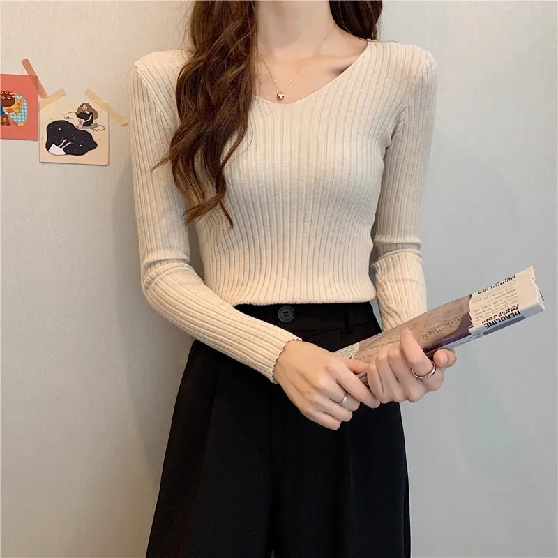 2026 Korean Autumn Winter V Neck Sweater Fashion Casual Long Sleeve Knitted Sweaters Solid Color Slim Pullovers Women Clothes