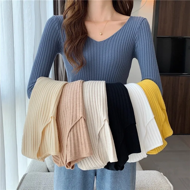 2026 Korean Autumn Winter V Neck Sweater Fashion Casual Long Sleeve Knitted Sweaters Solid Color Slim Pullovers Women Clothes