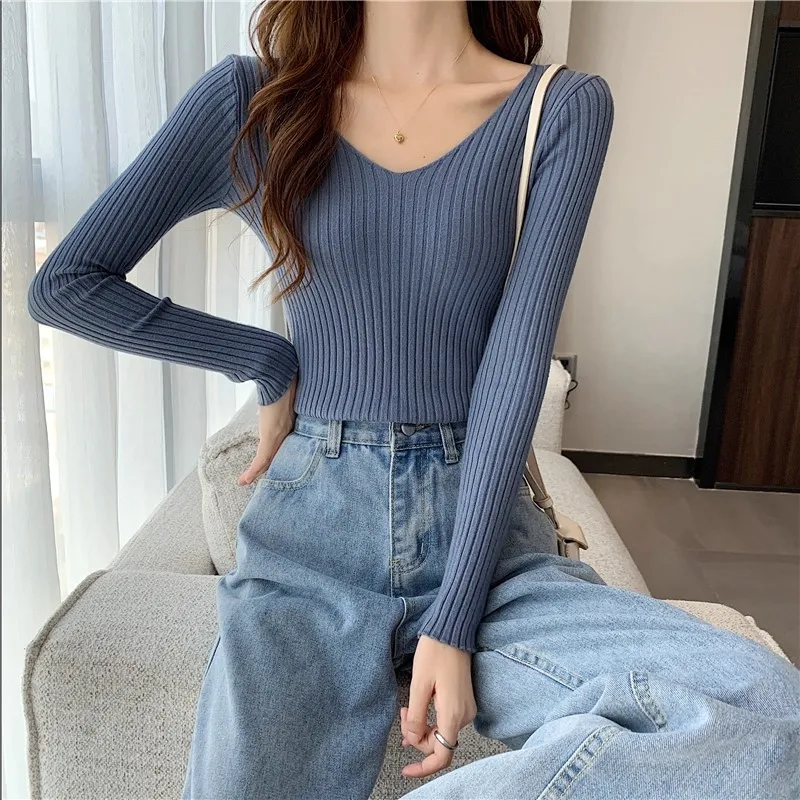 2026 Korean Autumn Winter V Neck Sweater Fashion Casual Long Sleeve Knitted Sweaters Solid Color Slim Pullovers Women Clothes
