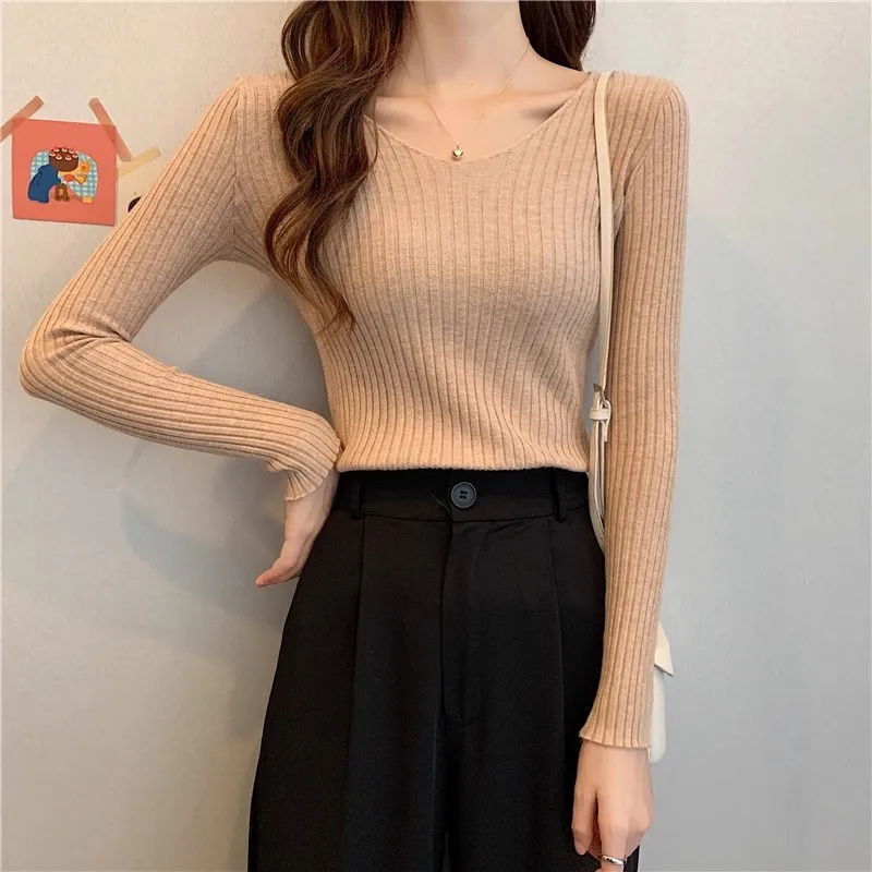 2026 Korean Autumn Winter V Neck Sweater Fashion Casual Long Sleeve Knitted Sweaters Solid Color Slim Pullovers Women Clothes