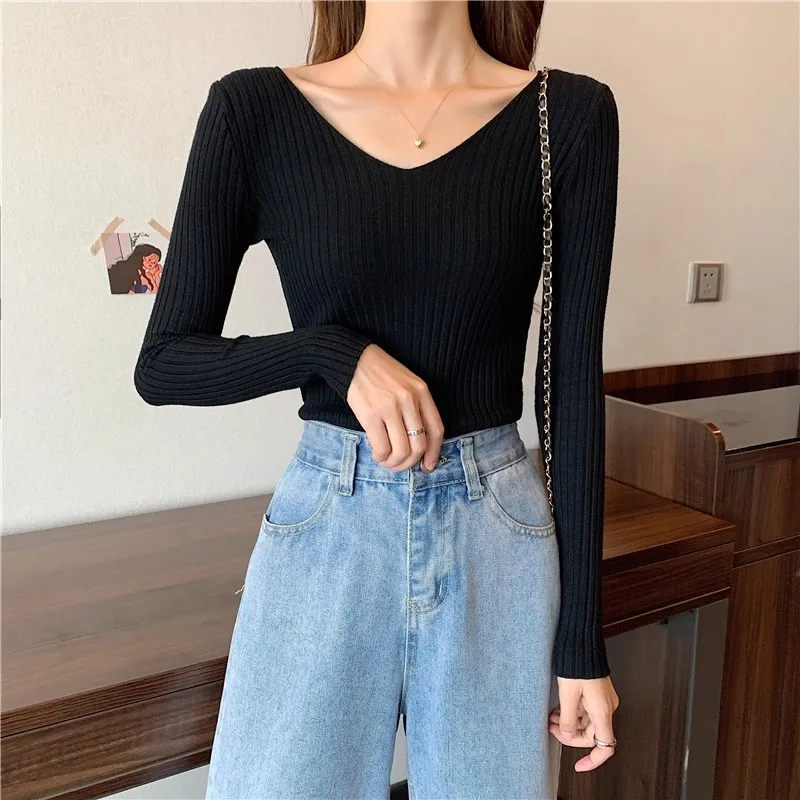 2026 Korean Autumn Winter V Neck Sweater Fashion Casual Long Sleeve Knitted Sweaters Solid Color Slim Pullovers Women Clothes