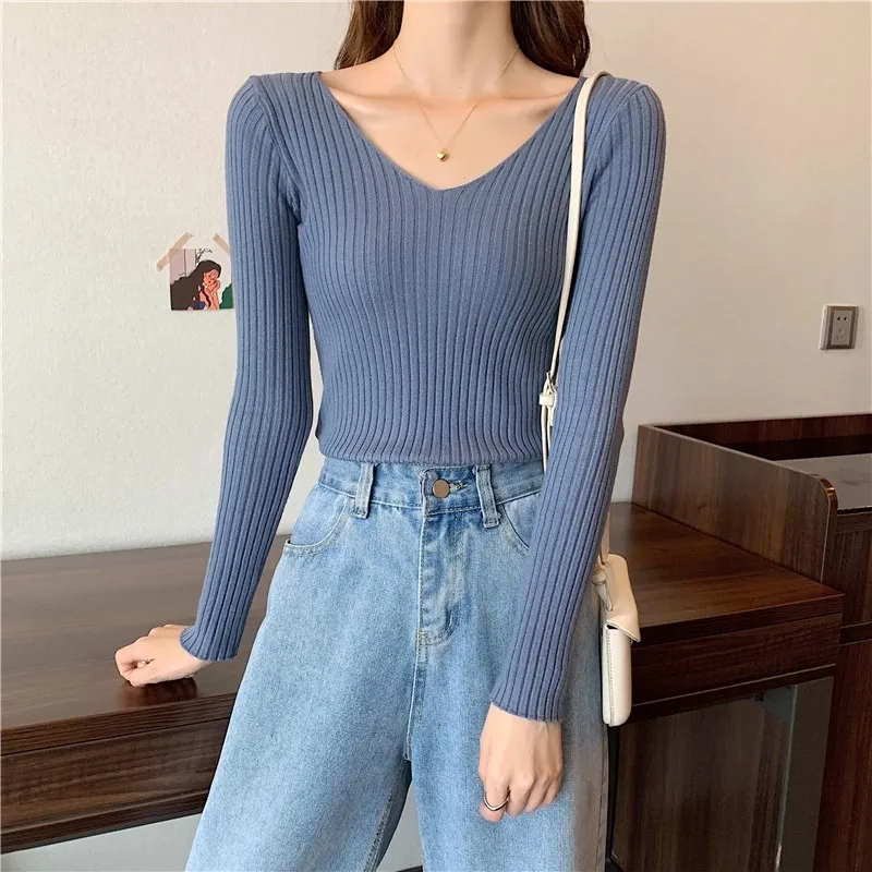 2026 Korean Autumn Winter V Neck Sweater Fashion Casual Long Sleeve Knitted Sweaters Solid Color Slim Pullovers Women Clothes