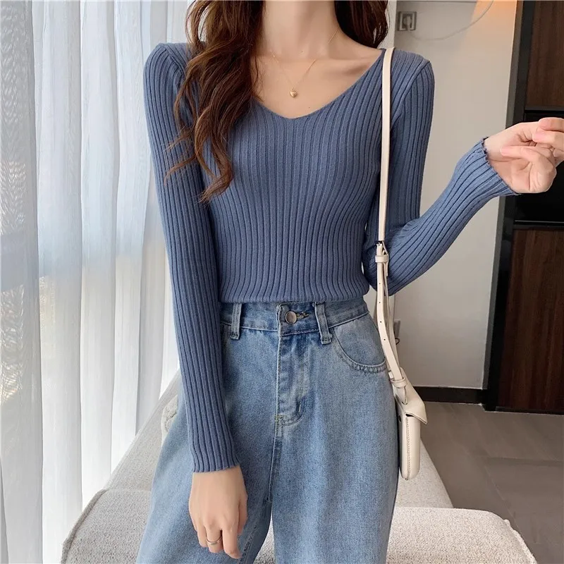 2026 Korean Autumn Winter V Neck Sweater Fashion Casual Long Sleeve Knitted Sweaters Solid Color Slim Pullovers Women Clothes