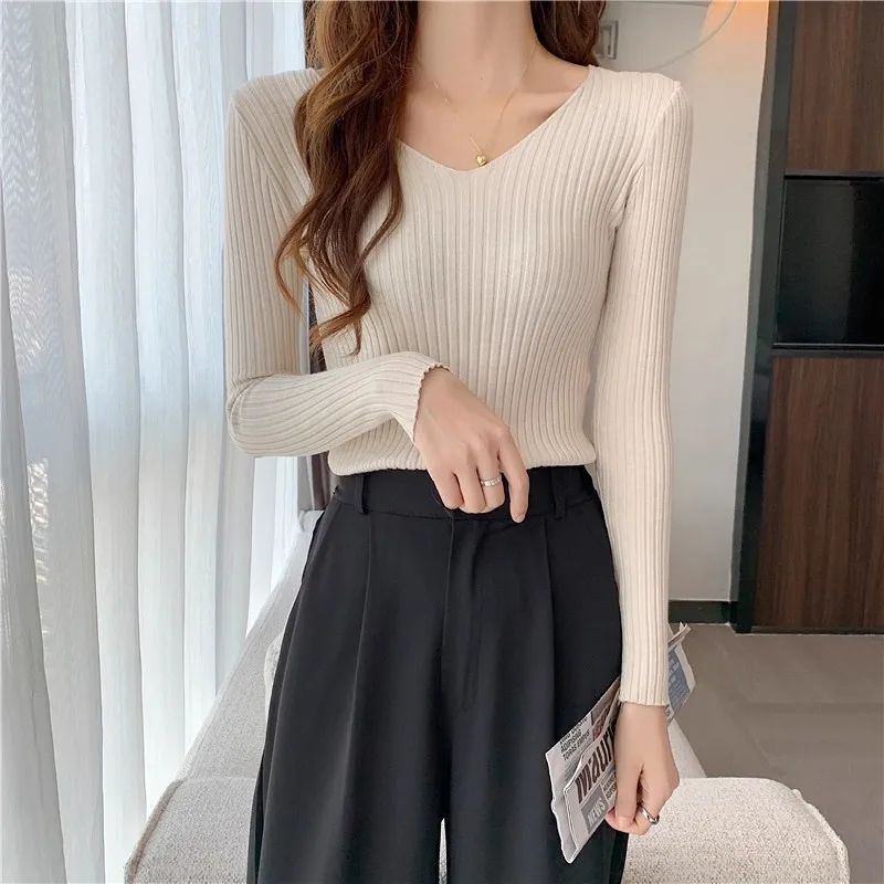 2026 Korean Autumn Winter V Neck Sweater Fashion Casual Long Sleeve Knitted Sweaters Solid Color Slim Pullovers Women Clothes