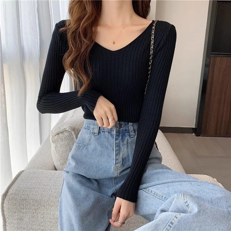 2026 Korean Autumn Winter V Neck Sweater Fashion Casual Long Sleeve Knitted Sweaters Solid Color Slim Pullovers Women Clothes
