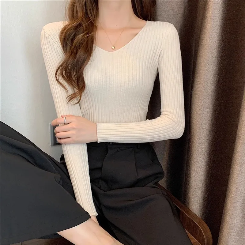 2026 Korean Autumn Winter V Neck Sweater Fashion Casual Long Sleeve Knitted Sweaters Solid Color Slim Pullovers Women Clothes