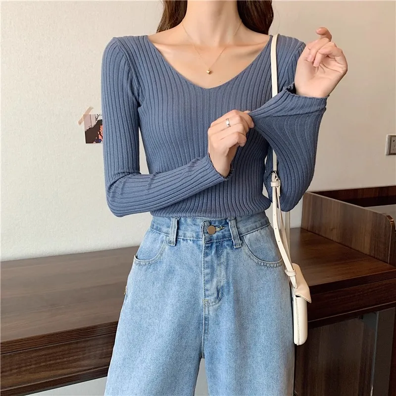 2026 Korean Autumn Winter V Neck Sweater Fashion Casual Long Sleeve Knitted Sweaters Solid Color Slim Pullovers Women Clothes