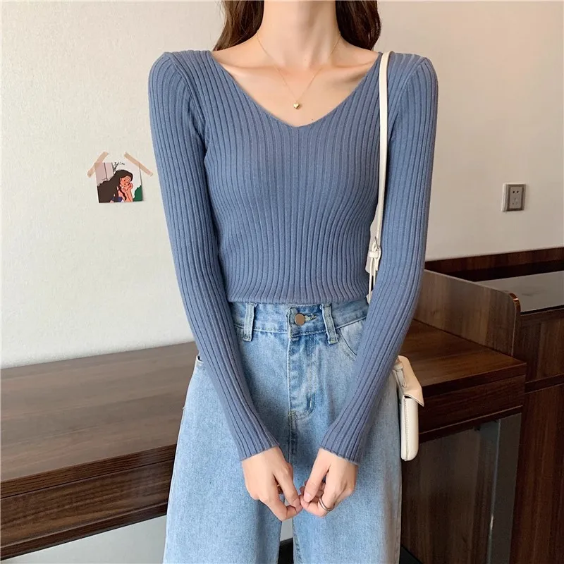 2026 Korean Autumn Winter V Neck Sweater Fashion Casual Long Sleeve Knitted Sweaters Solid Color Slim Pullovers Women Clothes