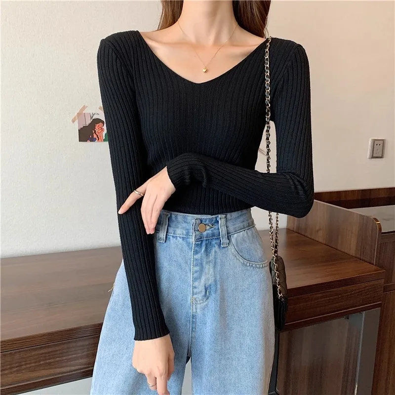 2026 Korean Autumn Winter V Neck Sweater Fashion Casual Long Sleeve Knitted Sweaters Solid Color Slim Pullovers Women Clothes