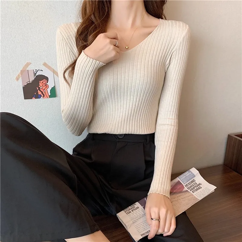 2026 Korean Autumn Winter V Neck Sweater Fashion Casual Long Sleeve Knitted Sweaters Solid Color Slim Pullovers Women Clothes