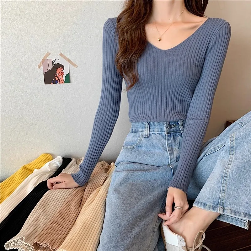2026 Korean Autumn Winter V Neck Sweater Fashion Casual Long Sleeve Knitted Sweaters Solid Color Slim Pullovers Women Clothes