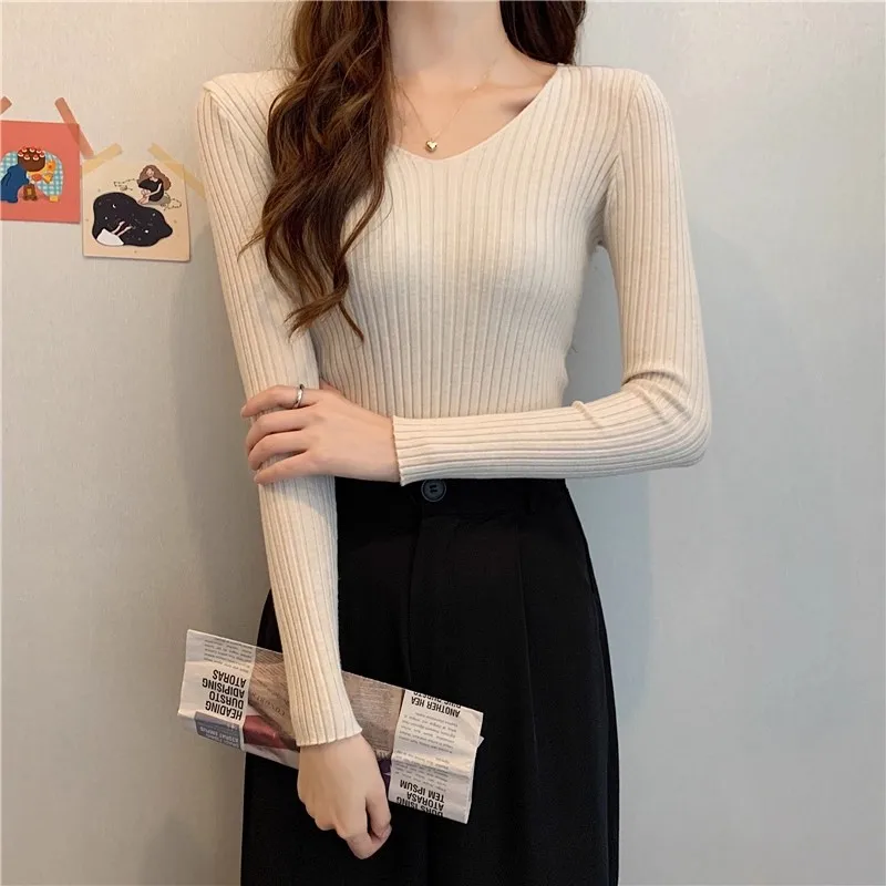 2026 Korean Autumn Winter V Neck Sweater Fashion Casual Long Sleeve Knitted Sweaters Solid Color Slim Pullovers Women Clothes