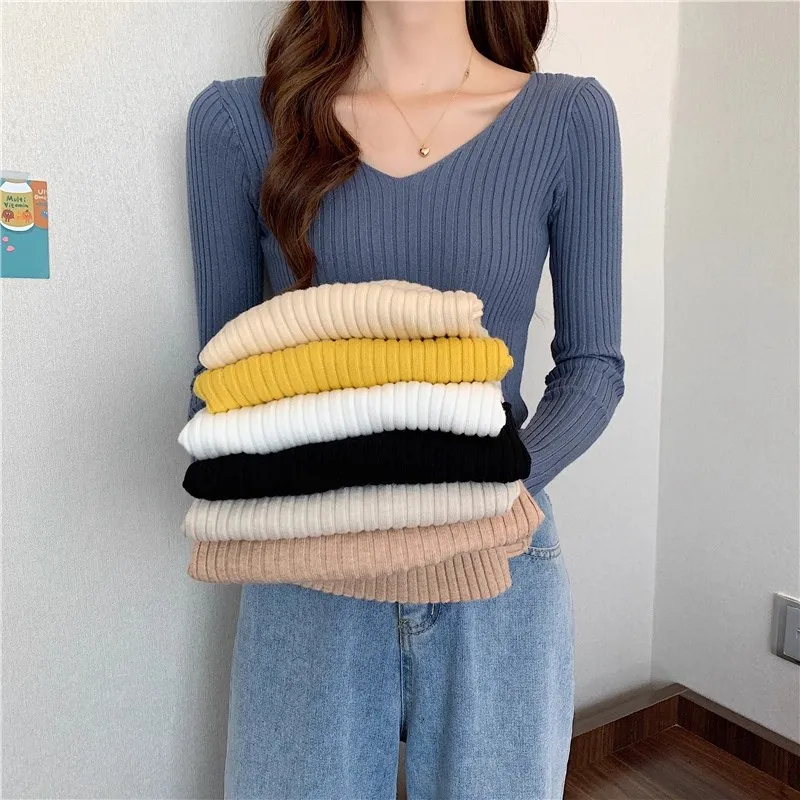 2026 Korean Autumn Winter V Neck Sweater Fashion Casual Long Sleeve Knitted Sweaters Solid Color Slim Pullovers Women Clothes