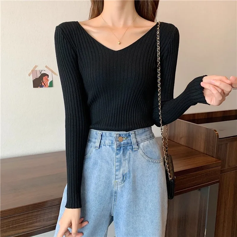 2026 Korean Autumn Winter V Neck Sweater Fashion Casual Long Sleeve Knitted Sweaters Solid Color Slim Pullovers Women Clothes
