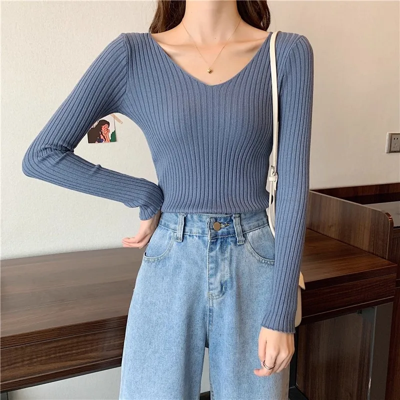 2026 Korean Autumn Winter V Neck Sweater Fashion Casual Long Sleeve Knitted Sweaters Solid Color Slim Pullovers Women Clothes